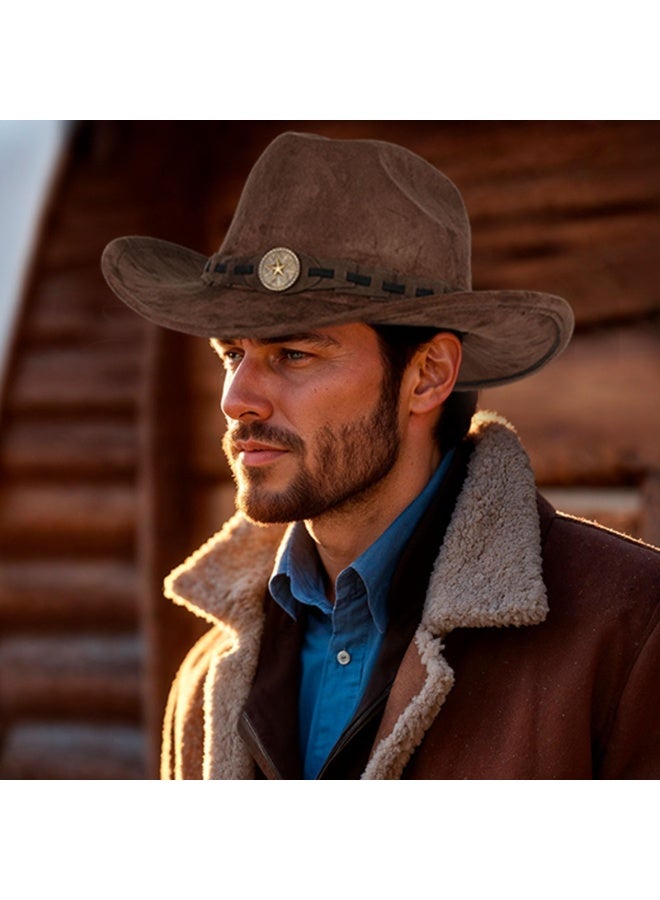 KOWVOWZ Wide Brim Cowboy Hat, Fedora Hat Suede Leather Western Cowboy Stylish Adjustable Outdoor Travel Hat, Rolled Brim Cowboy & Cowgirl Hat - Image 4