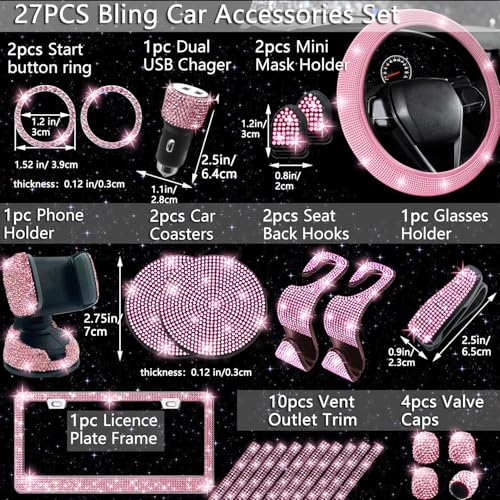 NBTEPEM 27 PCs Pink Bling Car Accessories Set for Women, Steering Wheel Covers Universal Fit 15 Inch, Bling License Plate Frame, Bling Phone Holder, Bling Car Coasters (Pink Diamond) - Image 2