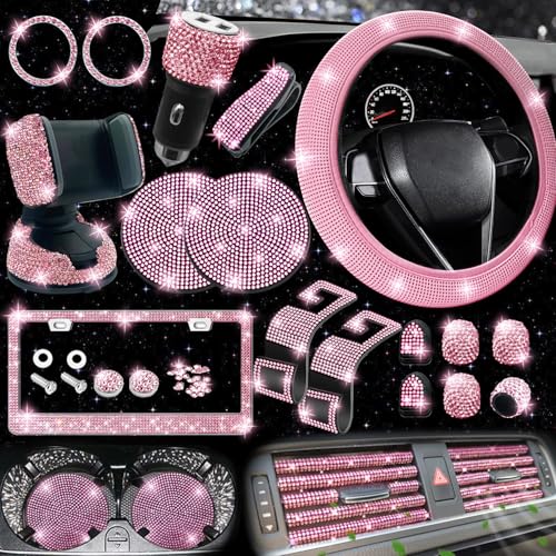 NBTEPEM 27 PCs Pink Bling Car Accessories Set for Women, Steering Wheel Covers Universal Fit 15 Inch, Bling License Plate Frame, Bling Phone Holder, Bling Car Coasters (Pink Diamond) - Image 1
