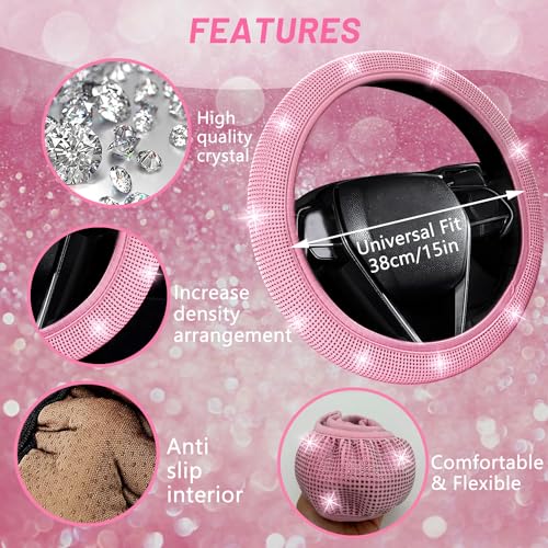 NBTEPEM 27 PCs Pink Bling Car Accessories Set for Women, Steering Wheel Covers Universal Fit 15 Inch, Bling License Plate Frame, Bling Phone Holder, Bling Car Coasters (Pink Diamond) - Image 3