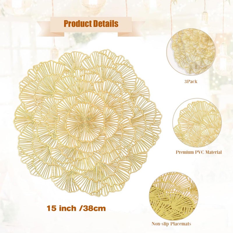 Umpiyte Round Placemats Metallic Pressed Gold Vinyl Place Mats 3 Pcs 15" Heat Resistant Dining Table Mats Hollow Out Placemats for Wedding Party Kitchen Decorations - Image 2