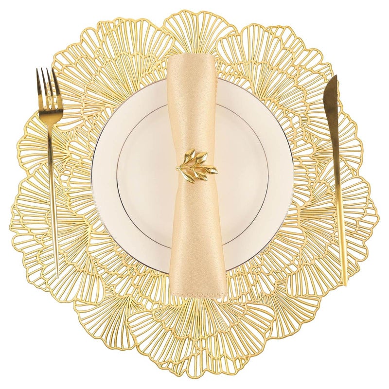 Umpiyte Round Placemats Metallic Pressed Gold Vinyl Place Mats 3 Pcs 15" Heat Resistant Dining Table Mats Hollow Out Placemats for Wedding Party Kitchen Decorations - Image 1