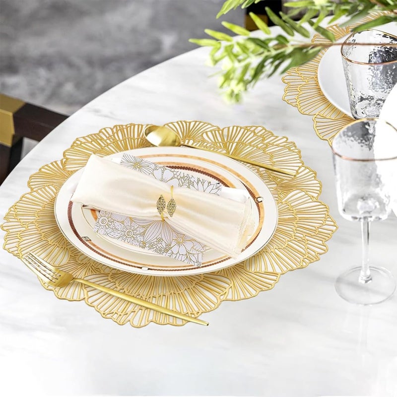 Umpiyte Round Placemats Metallic Pressed Gold Vinyl Place Mats 3 Pcs 15" Heat Resistant Dining Table Mats Hollow Out Placemats for Wedding Party Kitchen Decorations - Image 4