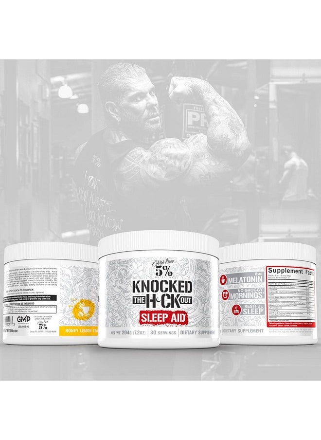 5% نيوتريشن 5% Nutrition Rich Piana Knocked Out مساعد طبيعي للنوم | مكمل غذائي للتعافي بعد التمرين والنوم العميق | حمض جاما أمينوبوتيريك، والميلاتونين، والبابونج، والتيروزين، و5-HTP، والمزيد | 7.2 أونصة، 30 وجبة (عصير التفاح)  - Image 5