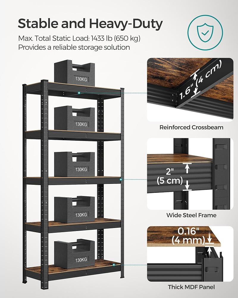 SONGMICS Shelving Unit, 30 x 75 x 150 cm, 650 kg Load Capacity (130 kg per Shelf), Industrial, Adjustable Storage Shelves, for Living Room, Kitchen, Garage, Rustic Brown and Black GLR030B01 - Image 4