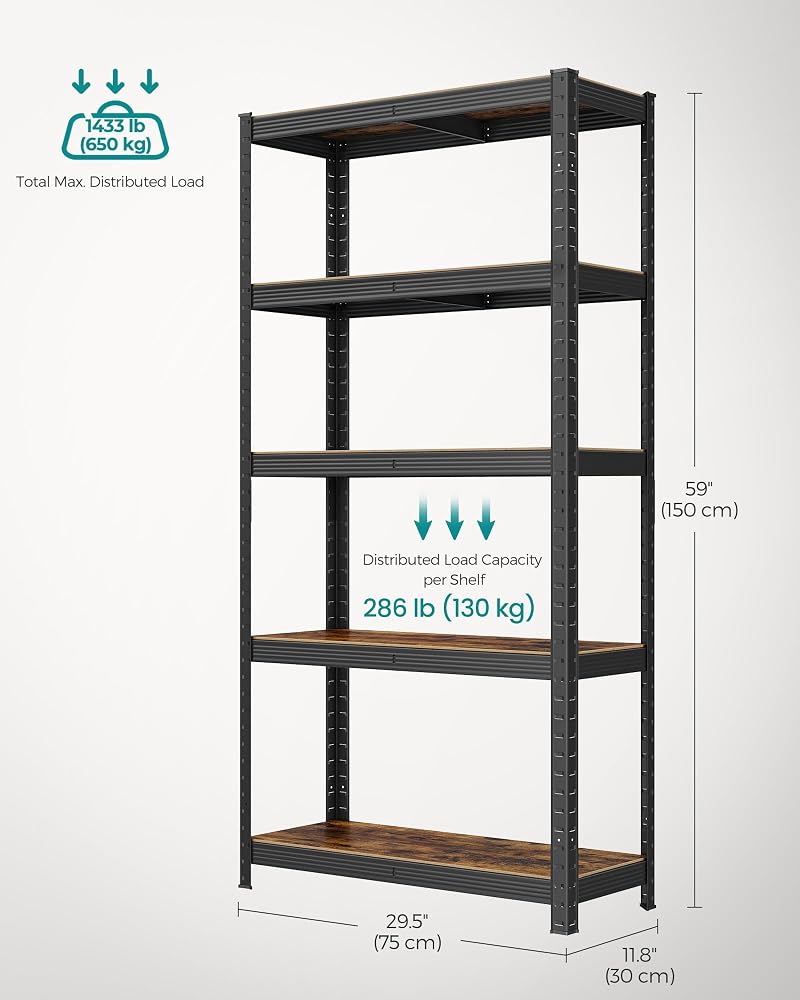 SONGMICS Shelving Unit, 30 x 75 x 150 cm, 650 kg Load Capacity (130 kg per Shelf), Industrial, Adjustable Storage Shelves, for Living Room, Kitchen, Garage, Rustic Brown and Black GLR030B01 - Image 2