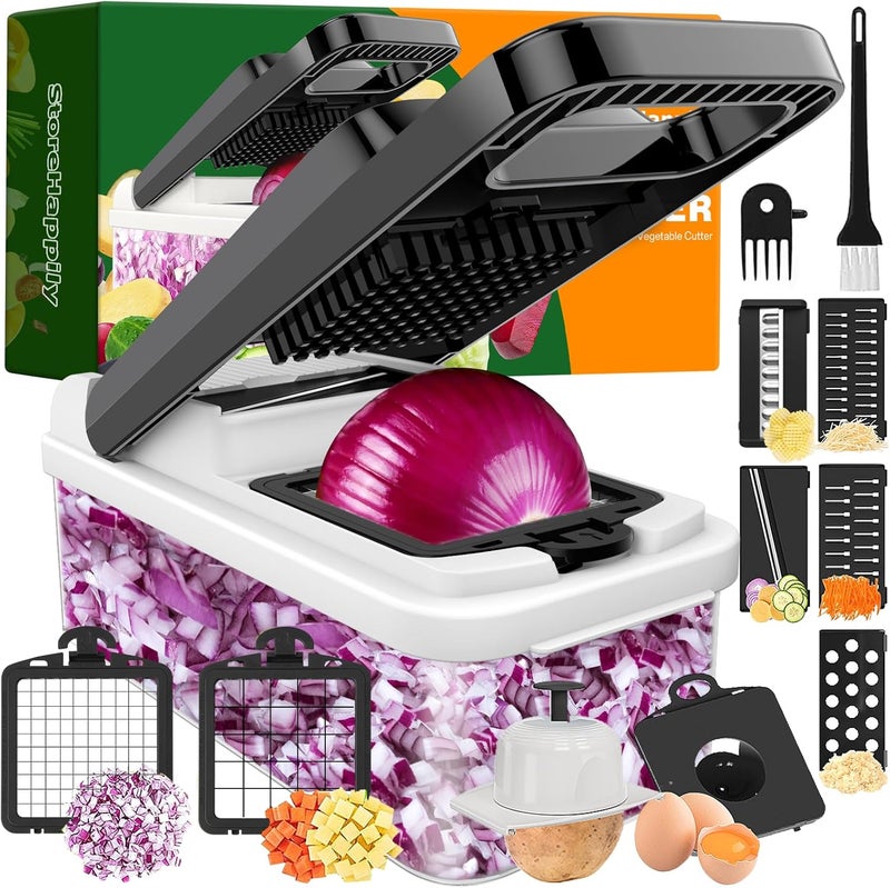 StoreHappily 12-in-1 Vegetable Chopper, 7 Blades Veggie Chopper with Container and Lid, Dicer, Slicer, Multifunctional Kitchen Gadgets, Vegetable Cutter with Handle, Onion Cutter(Black/White) - Image 1