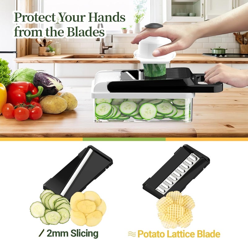 StoreHappily 12-in-1 Vegetable Chopper, 7 Blades Veggie Chopper with Container and Lid, Dicer, Slicer, Multifunctional Kitchen Gadgets, Vegetable Cutter with Handle, Onion Cutter(Black/White) - Image 4
