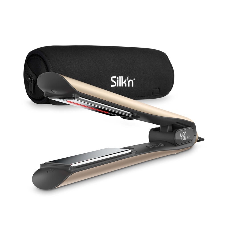 Silk'n مكواة شعر سيلك إن I سيلكي سترايت I مكواة شعر 2 في 1 ومكواة تجعيد بتقنية الأيونات والأشعة تحت الحمراء I ألواح تيتانيوم عائمة وشاشة LED I لجميع أنواع الشعر، شامبانيا - Image 1
