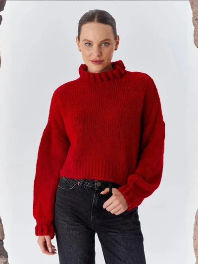 MixRay Mixray Thick Turtleneck Textured Crop Sweater