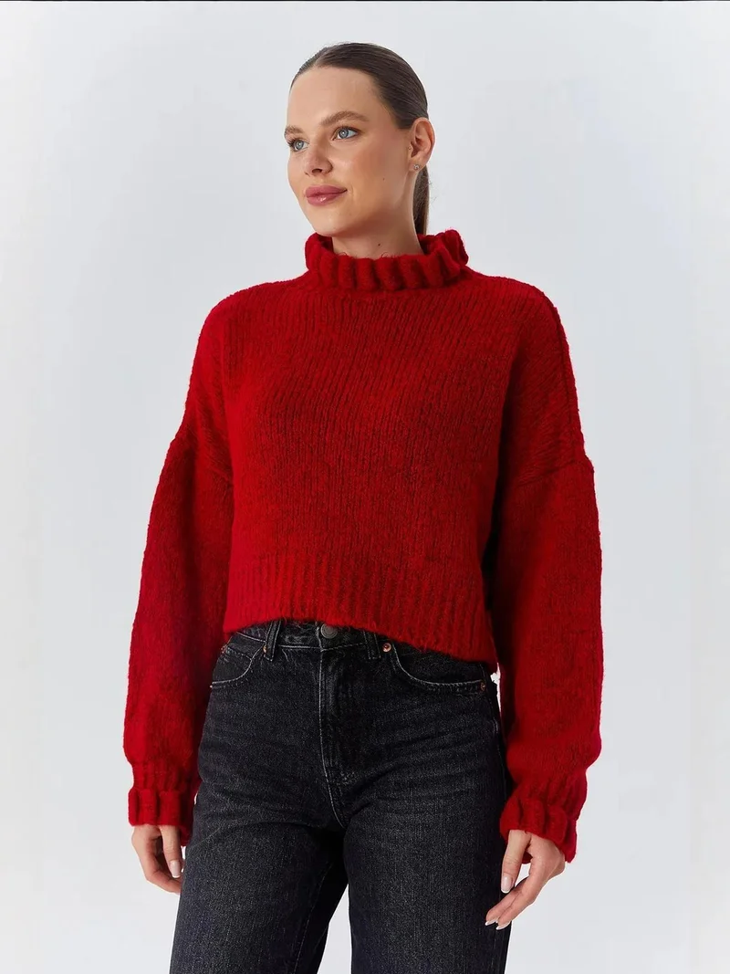 MixRay Mixray Thick Turtleneck Textured Crop Sweater