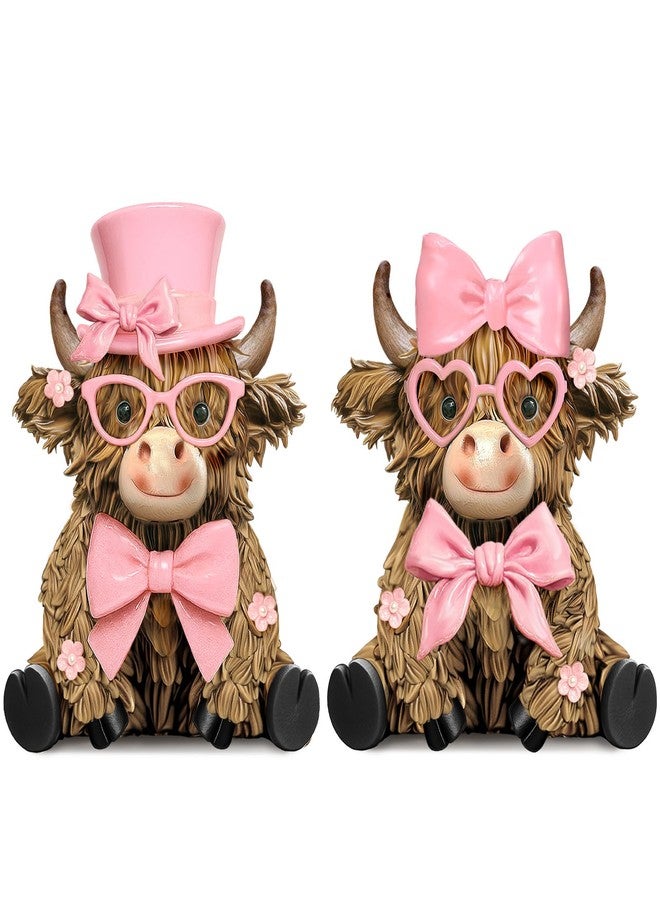 Burbell 2 Pcs Highland Cow Figurines Decor Pink Bow Highland Cow Gnomes with Flowers Cute Romantic Brown Calf Resin Statue Gifts for Garden Table Shelf Kitchen Home Decor Calf Gnome Herd Gifts - Image 1