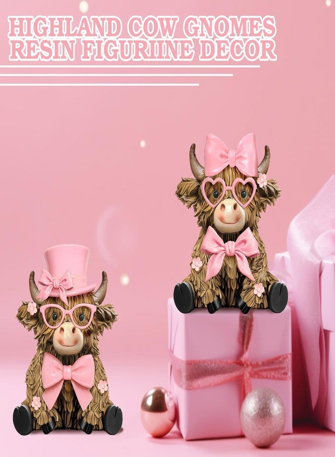 Burbell 2 Pcs Highland Cow Figurines Decor Pink Bow Highland Cow Gnomes with Flowers Cute Romantic Brown Calf Resin Statue Gifts for Garden Table Shelf Kitchen Home Decor Calf Gnome Herd Gifts - Image 5