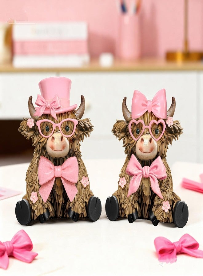 Burbell 2 Pcs Highland Cow Figurines Decor Pink Bow Highland Cow Gnomes with Flowers Cute Romantic Brown Calf Resin Statue Gifts for Garden Table Shelf Kitchen Home Decor Calf Gnome Herd Gifts - Image 2