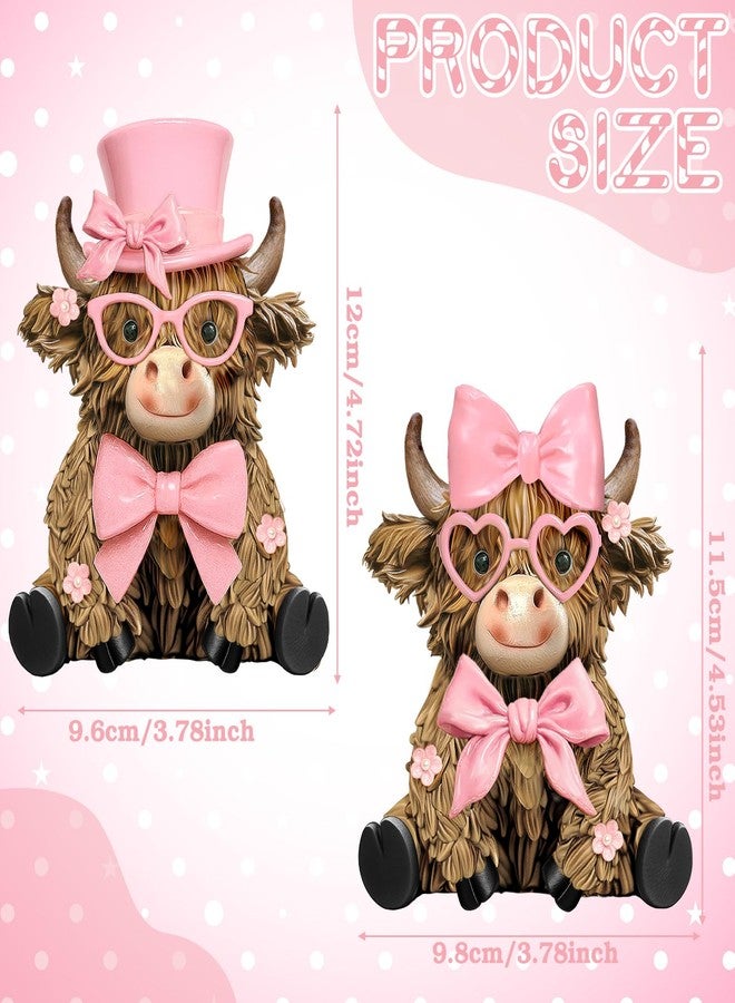 Burbell 2 Pcs Highland Cow Figurines Decor Pink Bow Highland Cow Gnomes with Flowers Cute Romantic Brown Calf Resin Statue Gifts for Garden Table Shelf Kitchen Home Decor Calf Gnome Herd Gifts - Image 3
