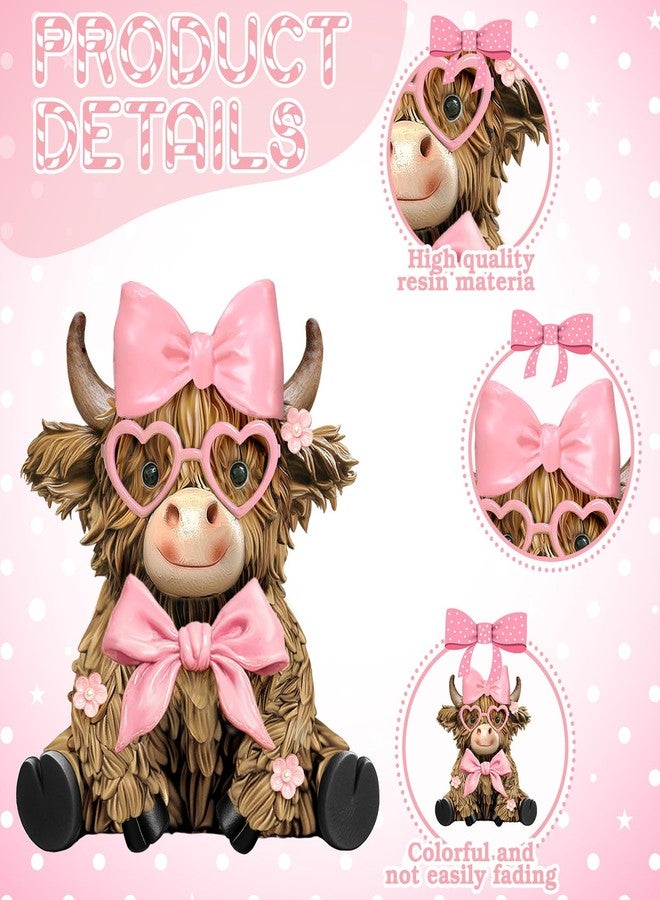 Burbell 2 Pcs Highland Cow Figurines Decor Pink Bow Highland Cow Gnomes with Flowers Cute Romantic Brown Calf Resin Statue Gifts for Garden Table Shelf Kitchen Home Decor Calf Gnome Herd Gifts - Image 4