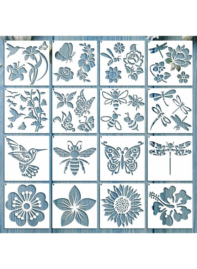 Zonon 16 Pieces Flower Stencil for Painting Bee Sunflower Butterfly Spring Stencil Large Template Reusable Summer Painting Stencil and Metal Open Ring for DIY Craft on Wood Wall Home Decor(6.3 x 6.3 Inch) - Image 1