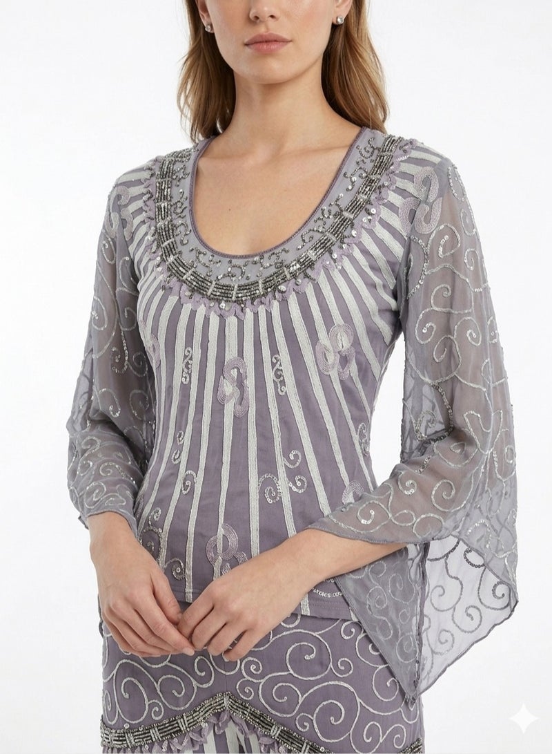 Women set lycra top and pants grey with sequins - Image 2
