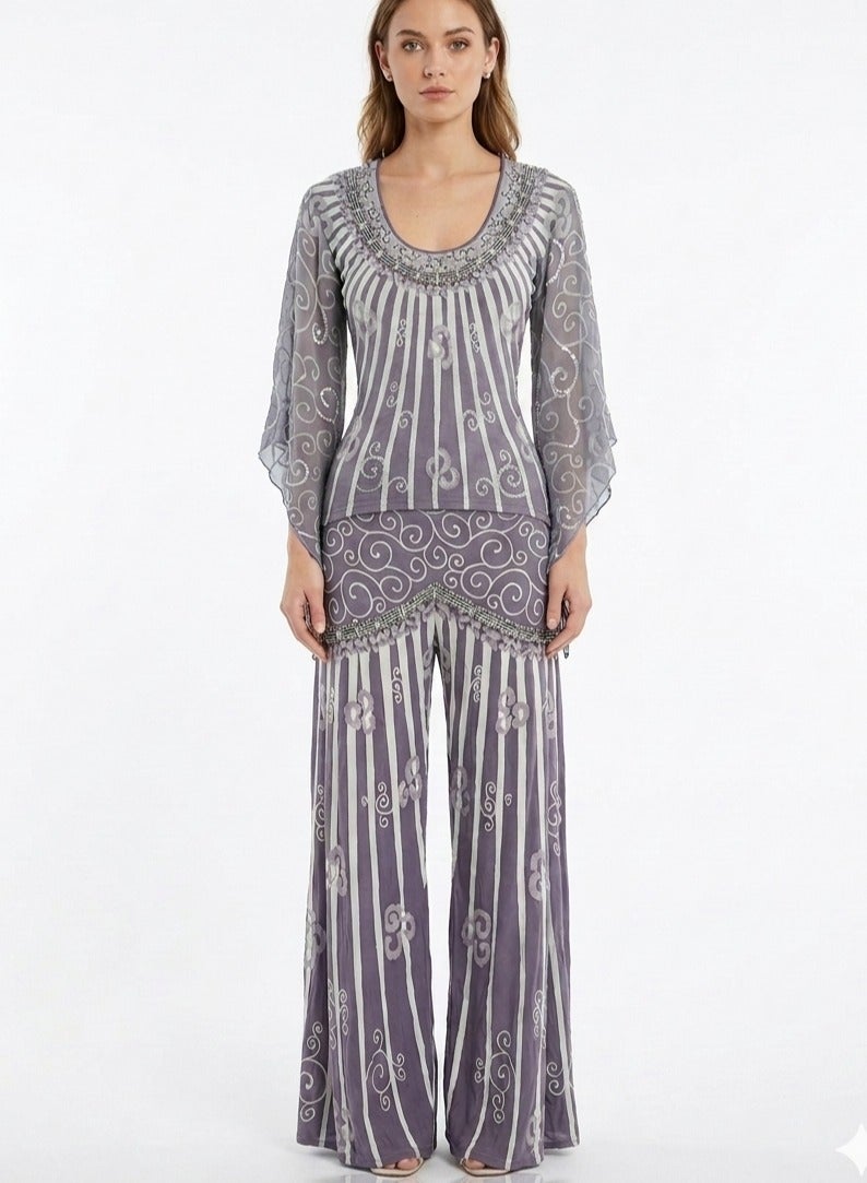 Women set lycra top and pants grey with sequins - Image 1