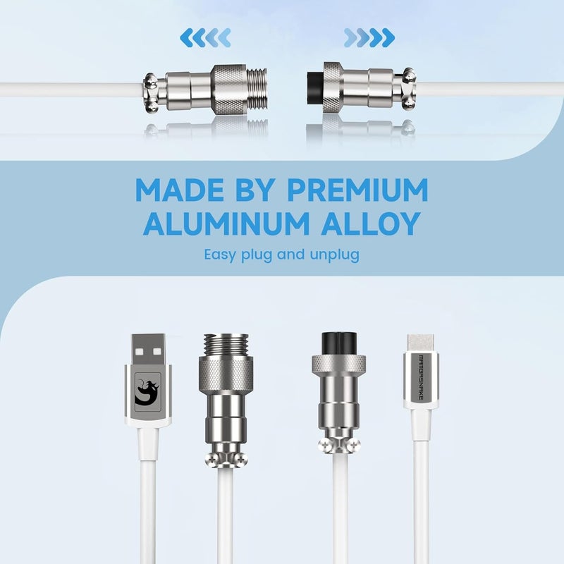 MAMBASNAKE Oil resistant C01 Coiled Keyboard Cable, Pro Custom USB-C Aviator Cable, Type-C to USB-A HyperSpeed Line with 8KHz Return Rate with Metal Aviation Connector for PC Gaming Keyboard-White Precision processed material - Image 2