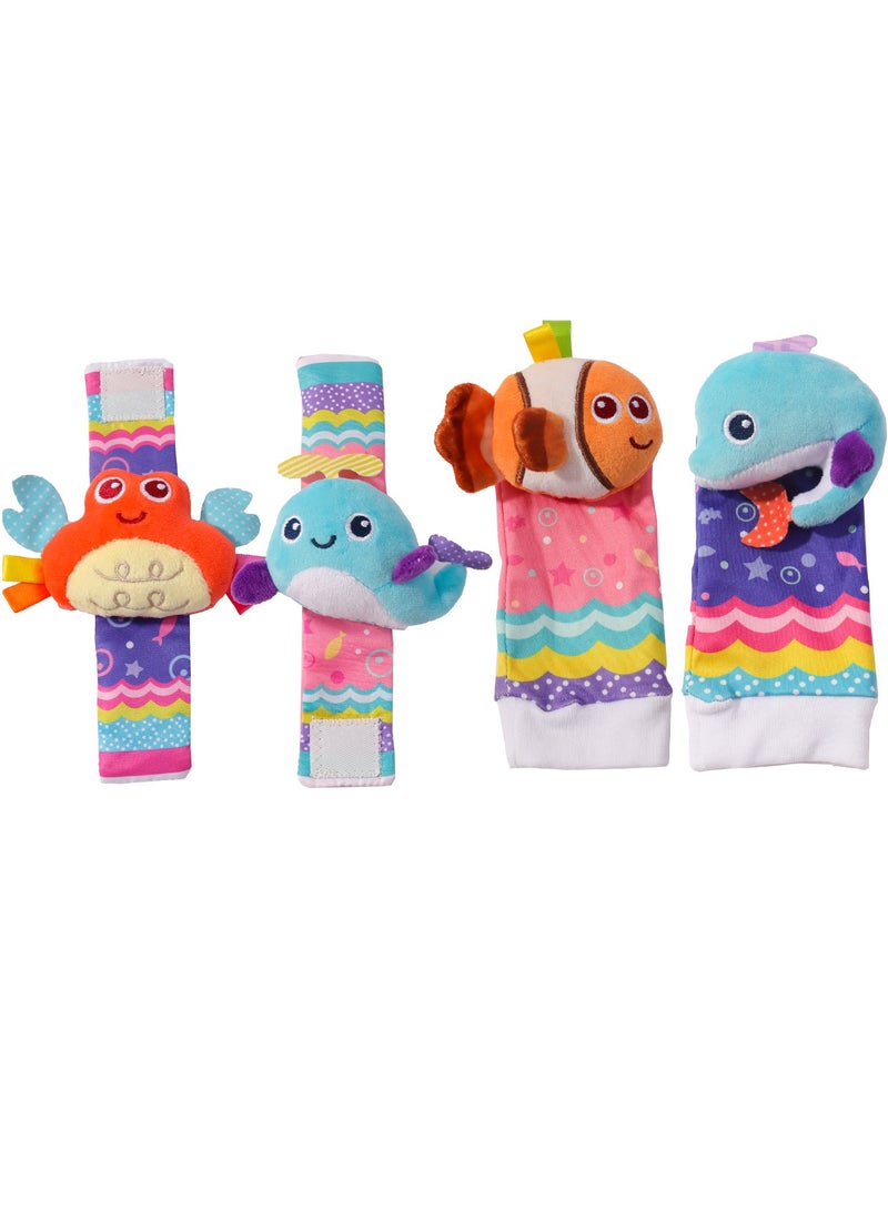 4Pcs Infant Socks And Wrist Rattles Toy Set For Kids, 2025 New Wrist Rattles Foot Finder Rattle Sock Baby Toddlor Toy, Rattle Toy, Arm Hand Bracelet Rattle, Sea Animal Feet Leg Ankle Socks, Present - Image 5