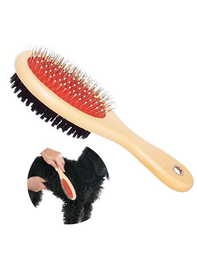 فرشاة شعر دائرية مزدوجة الجوانب 2 في 1 ذات شعيرات صلبة ومقبض خشبي للشعر الطويل والقصير، فرشاة مثالية للعناية بالشعر المتساقط للكلاب والجراء (كبيرة) - Image 1