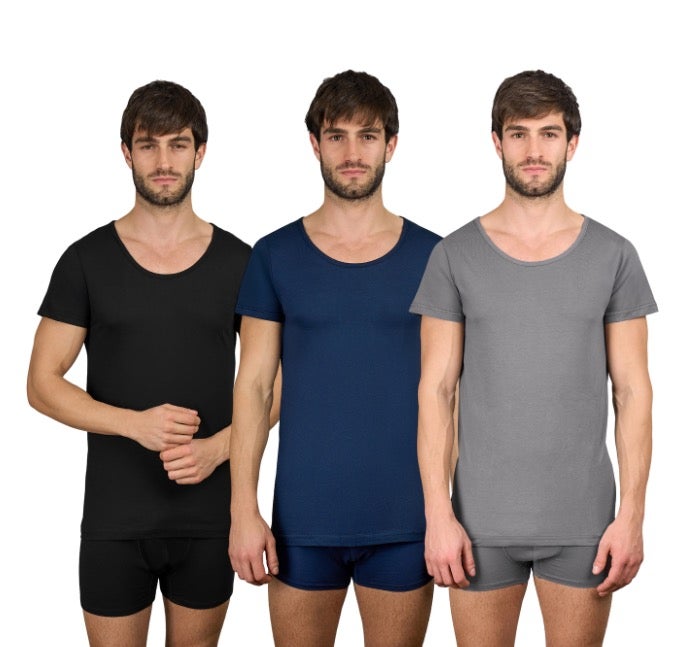 Dice® Men Half Sleeves 100% Cotton Undershirt Tri-Color Bundle of 3 (Black, Navy, Grey) - Image 1