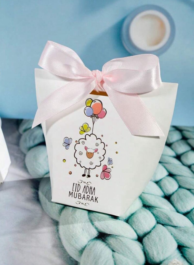 Set of 5 luxurious small white gift boxes with elegant ribbons for Eid al-Adha occasion, featuring a festive sheep design, size 6×6×10 cm, perfect for presenting sweets, chocolates, and small gifts, - Image 1