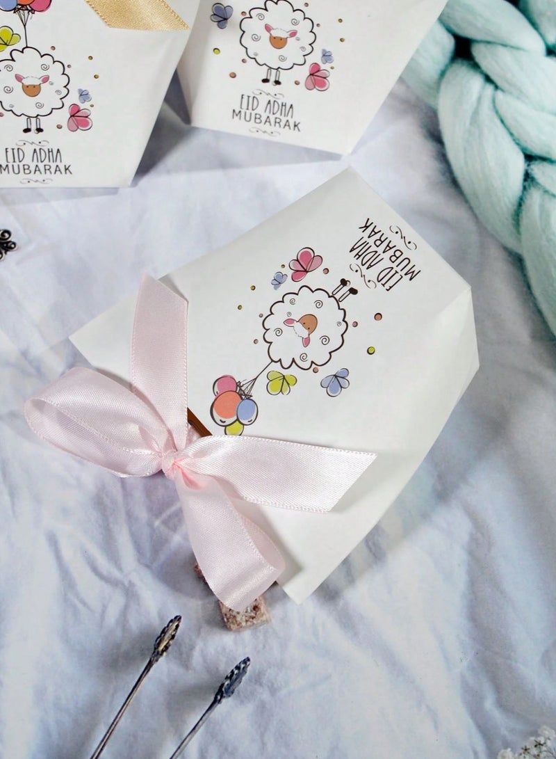 Set of 5 luxurious small white gift boxes with elegant ribbons for Eid al-Adha occasion, featuring a festive sheep design, size 6×6×10 cm, perfect for presenting sweets, chocolates, and small gifts, - Image 2