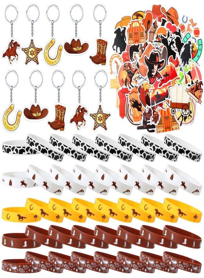 Nosiny 90 Pieces Cowboy Cowgirl Party Favor Supplies, Includes Silicone Bracelets Stretch Wristbands Acrylic Keychains and Cowboy Stickers for Western Themed Birthday Baby Shower Party Favors - Image 1
