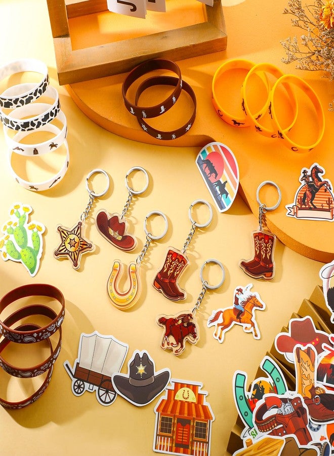 Nosiny 90 Pieces Cowboy Cowgirl Party Favor Supplies, Includes Silicone Bracelets Stretch Wristbands Acrylic Keychains and Cowboy Stickers for Western Themed Birthday Baby Shower Party Favors - Image 3