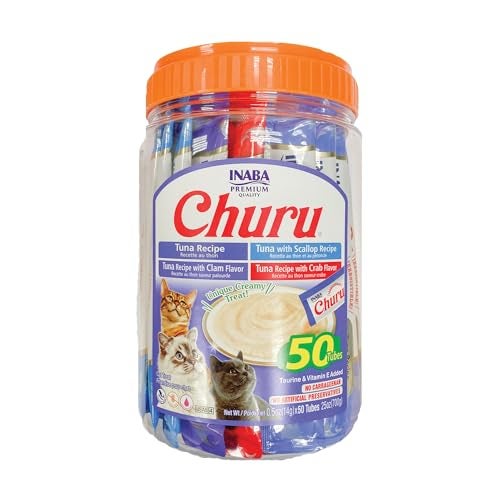 INABA Churu Cat Treats, Grain-Free, Lickable, Squeezable Creamy Purée Cat Treat/Topper with Vitamin E & Taurine, 0.5 Ounces Each Tube, 50 Tubes, Tuna & Seafood Variety - Image 1