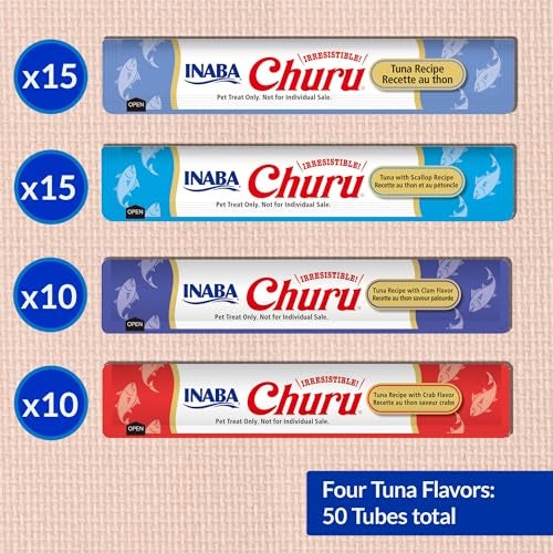 INABA Churu Cat Treats, Grain-Free, Lickable, Squeezable Creamy Purée Cat Treat/Topper with Vitamin E & Taurine, 0.5 Ounces Each Tube, 50 Tubes, Tuna & Seafood Variety - Image 4