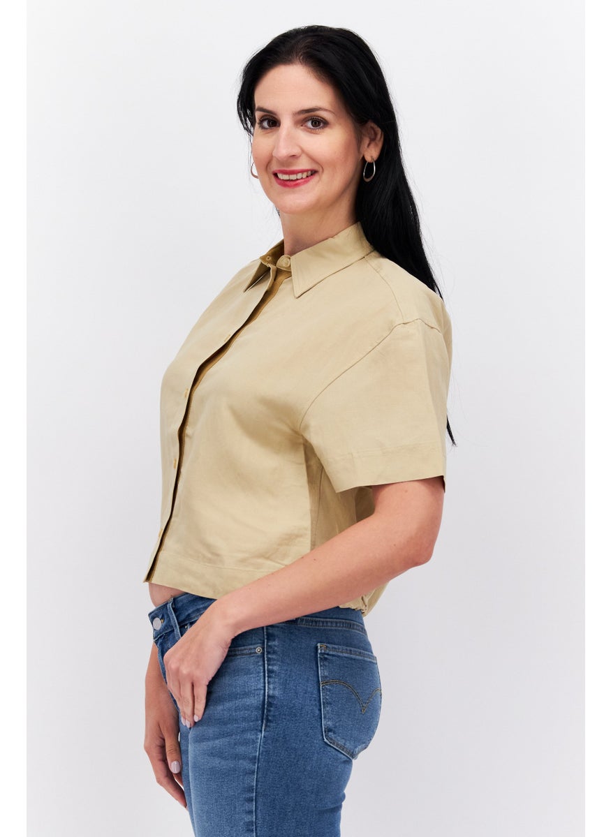 ESPRIT - Women Spread Neck Short Sleeves Solid Shirt, Beige - Image 1