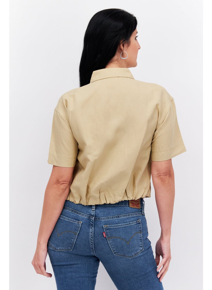 ESPRIT - Women Spread Neck Short Sleeves Solid Shirt, Beige - Image 1