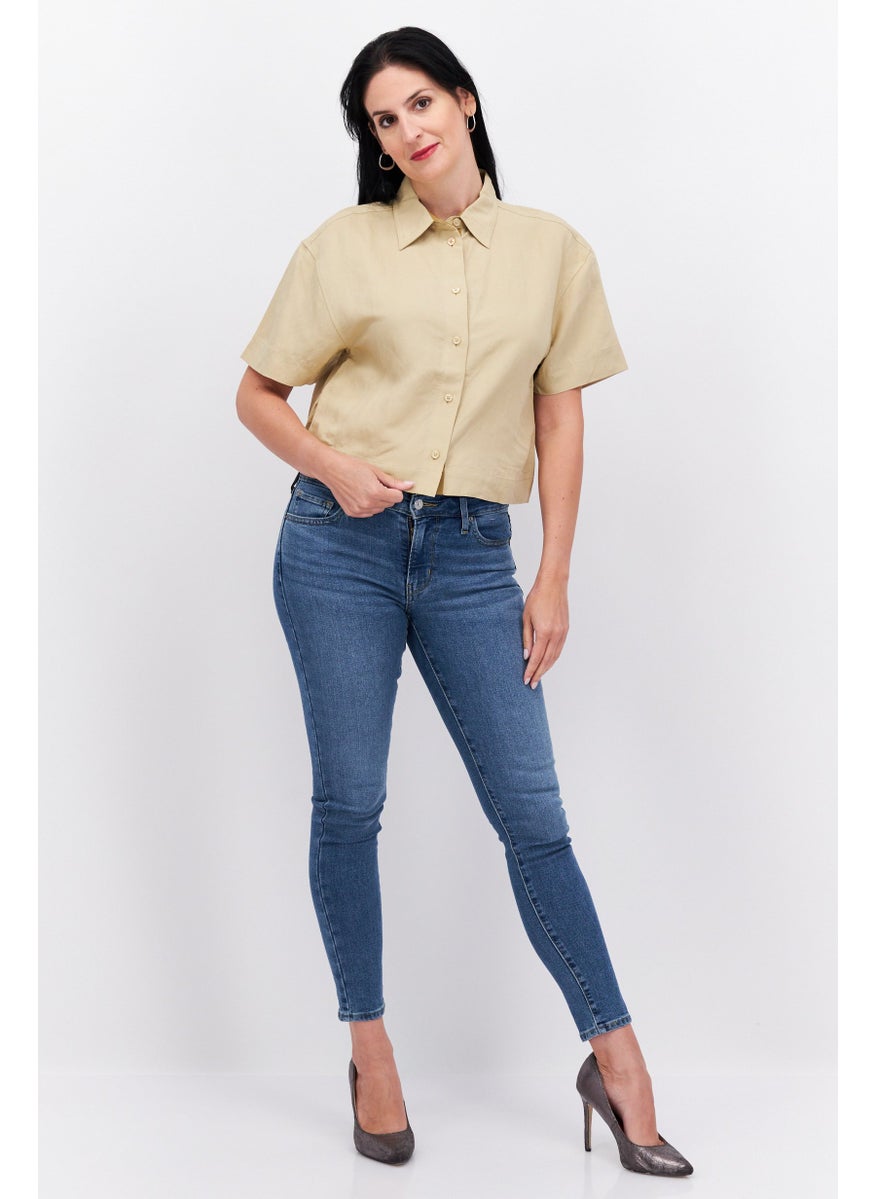 ESPRIT - Women Spread Neck Short Sleeves Solid Shirt, Beige - Image 1