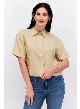 Women Spread Neck Short Sleeves Solid Shirt, Beige