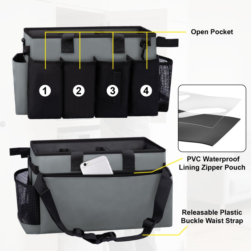 Wigojoy Wearable Large Cleaning Caddy Bag for Housekeeper, Clean Supply Organizer with Adjustable Shoulder, Waist & Handle Straps, Detailing Bag for Kitchen Supplies (Black&Gray) - Image 3