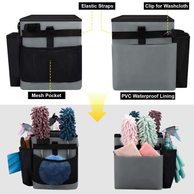 Wigojoy Wearable Large Cleaning Caddy Bag for Housekeeper, Clean Supply Organizer with Adjustable Shoulder, Waist & Handle Straps, Detailing Bag for Kitchen Supplies (Black&Gray) - Image 5