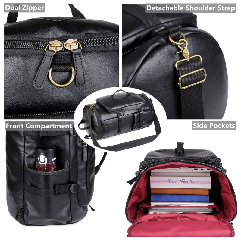 Baosha Stylish Vegan Leather Men Weekender Travel Duffel Tote Bag Backpack Hybrid Travel Hiking Rucksack Overnight Bag Convertible HB-26 (Black) - Image 4