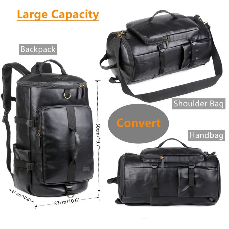 Baosha Stylish Vegan Leather Men Weekender Travel Duffel Tote Bag Backpack Hybrid Travel Hiking Rucksack Overnight Bag Convertible HB-26 (Black) - Image 2