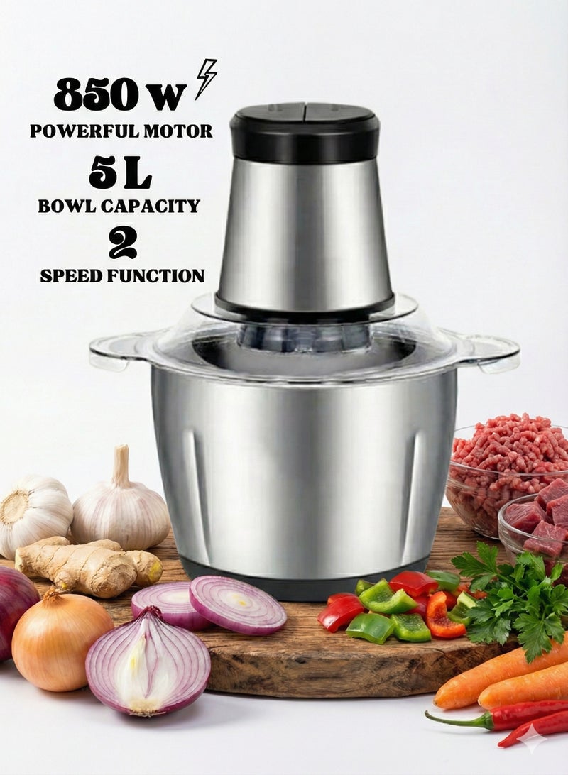 فرامة لحم كهربائية 5 لتر 850 واط بسرعتين متغيرة، وعاء ستانلس ستيل، محضرة طعام للحوم والخضروات والبصل والزنجبيل والثوم، مفرمة خلاط للاستخدام المنزلي / المطاعم / المطبخ - Image 1