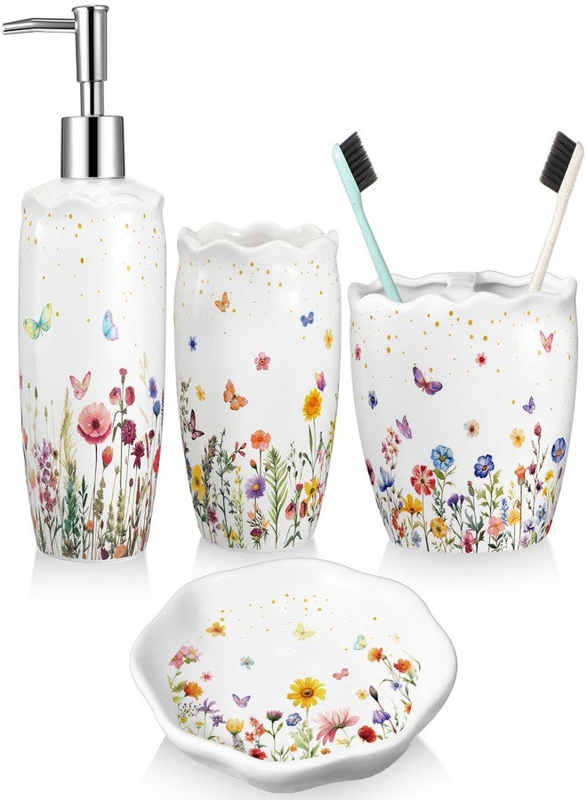 Newtay Ceramic Bathroom Accessories Set of 4, Wildflower Meadow Floral Decor with Butterflies & Gold Speckles, Soap Dispenser Pump, Toothbrush Holder, Tumbler Cup & Soap Dish for Countertop Vanity - Image 1