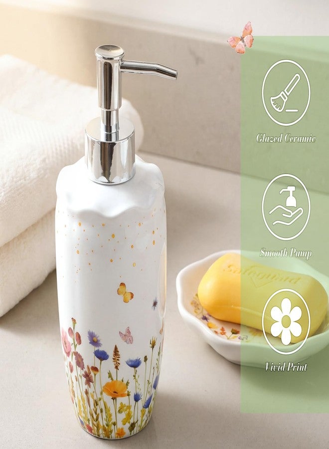 Newtay Ceramic Bathroom Accessories Set of 4, Wildflower Meadow Floral Decor with Butterflies & Gold Speckles, Soap Dispenser Pump, Toothbrush Holder, Tumbler Cup & Soap Dish for Countertop Vanity - Image 3