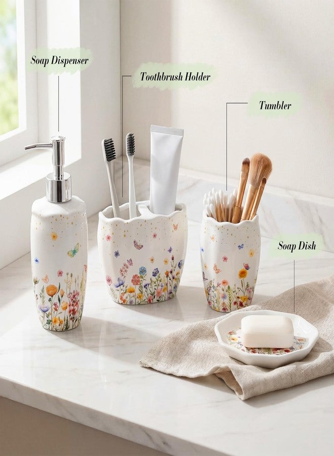 Newtay Ceramic Bathroom Accessories Set of 4, Wildflower Meadow Floral Decor with Butterflies & Gold Speckles, Soap Dispenser Pump, Toothbrush Holder, Tumbler Cup & Soap Dish for Countertop Vanity - Image 4
