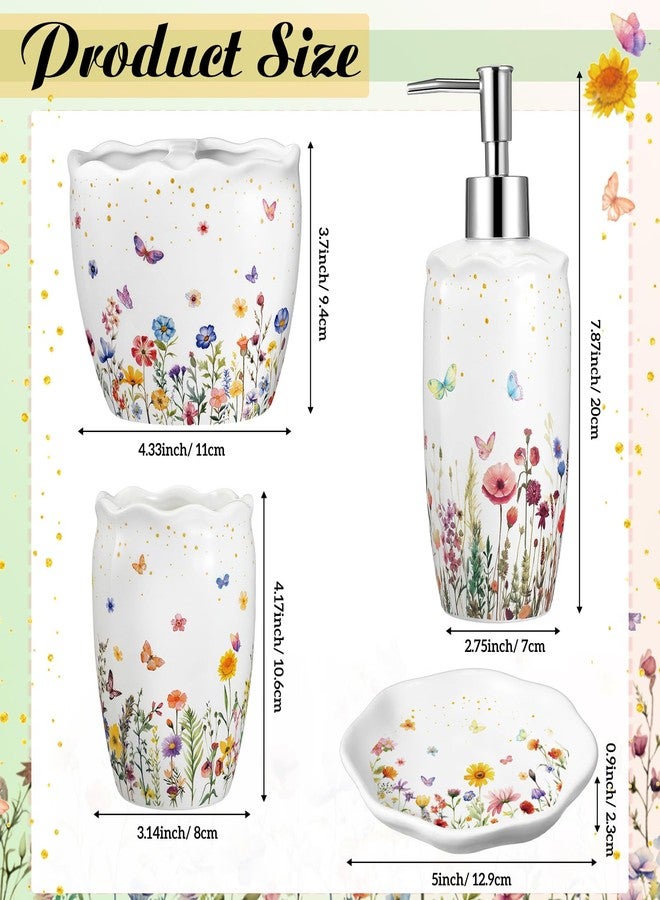 Newtay Ceramic Bathroom Accessories Set of 4, Wildflower Meadow Floral Decor with Butterflies & Gold Speckles, Soap Dispenser Pump, Toothbrush Holder, Tumbler Cup & Soap Dish for Countertop Vanity - Image 2