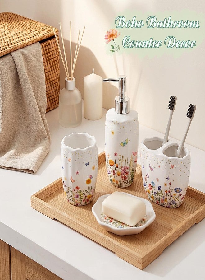 Newtay Ceramic Bathroom Accessories Set of 4, Wildflower Meadow Floral Decor with Butterflies & Gold Speckles, Soap Dispenser Pump, Toothbrush Holder, Tumbler Cup & Soap Dish for Countertop Vanity - Image 5
