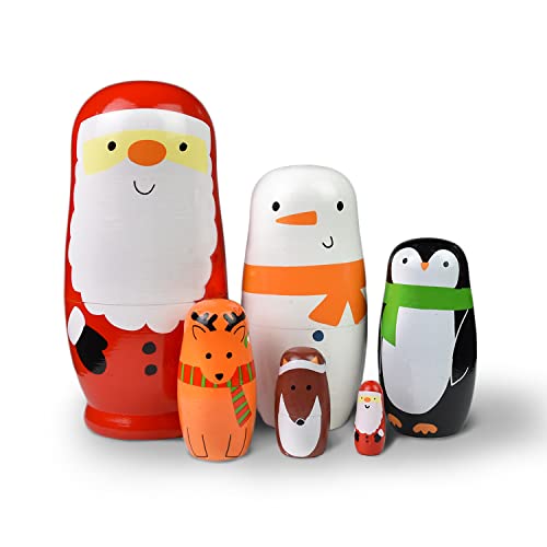 GRPSKCOS Russian Nesting Dolls Matryoshka Christmas Dolls 6pcs Russian Snowman Handmade Wooden Toys Birthday Wishing Gift for Kids Toddler Children 06 Santa - Image 1
