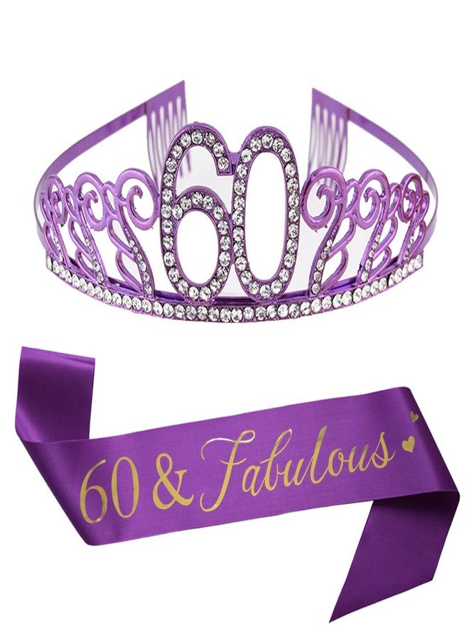 Mayin 60th Purple Birthday Tiara and Sash Purple Glitter Sash Crystal Rhinestone Tiara Crown for 60th Birthday Party Supplies Favors Decorations Cake Topper - Image 1
