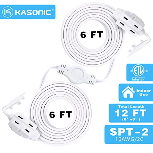 K KASONIC 12 Feet Twin Extension Cord Power Strip, 6 Feet on Each Side, Flat Head Outlet Plug,6 Polarized Outlets with Safety Cover, Double Extension Cord Splitter for Indoor Use, ETL Listed, White - Image 2